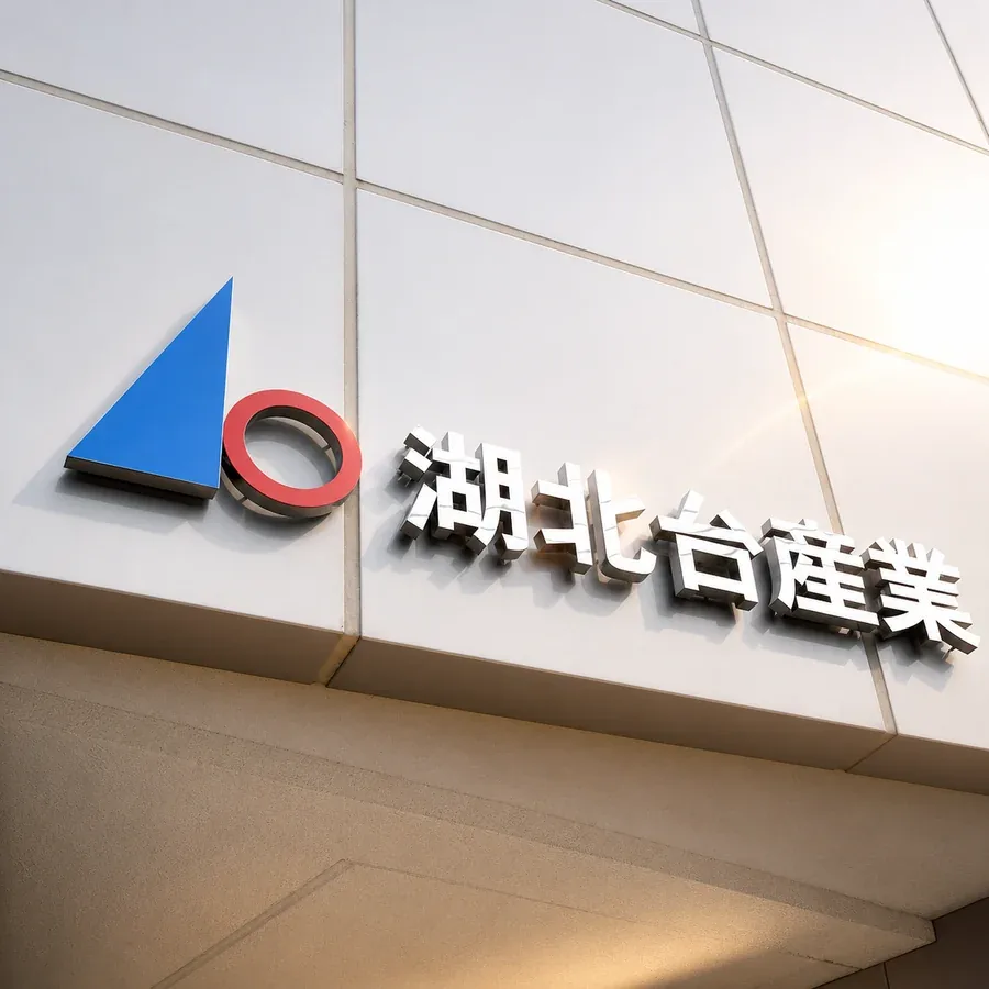 本社の外壁に掲げられた湖北台産業のロゴサイン